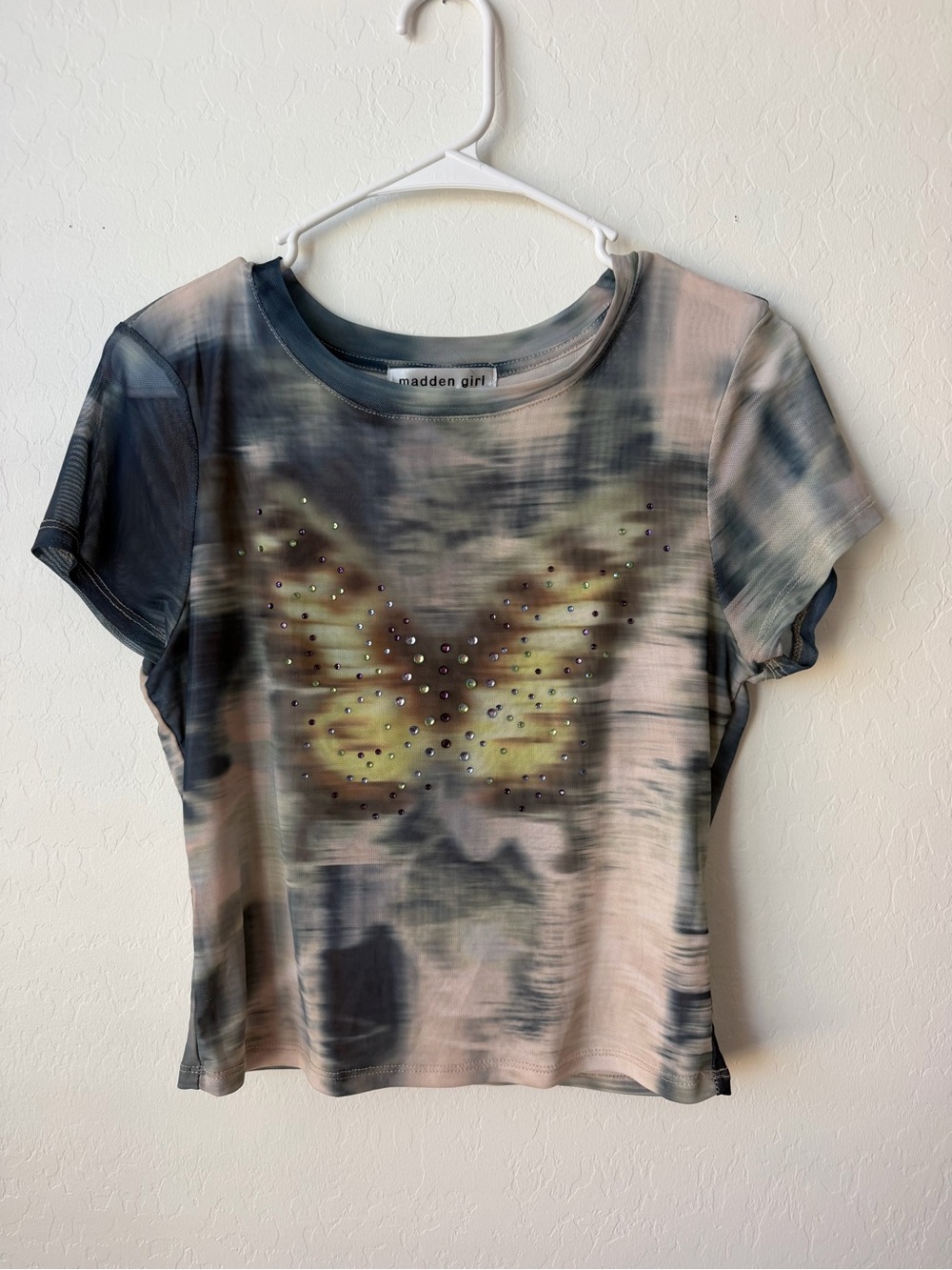 Madden Girl Tie-Dye Short Sleeve Tee with Yellow Butterfly & Rhinestones